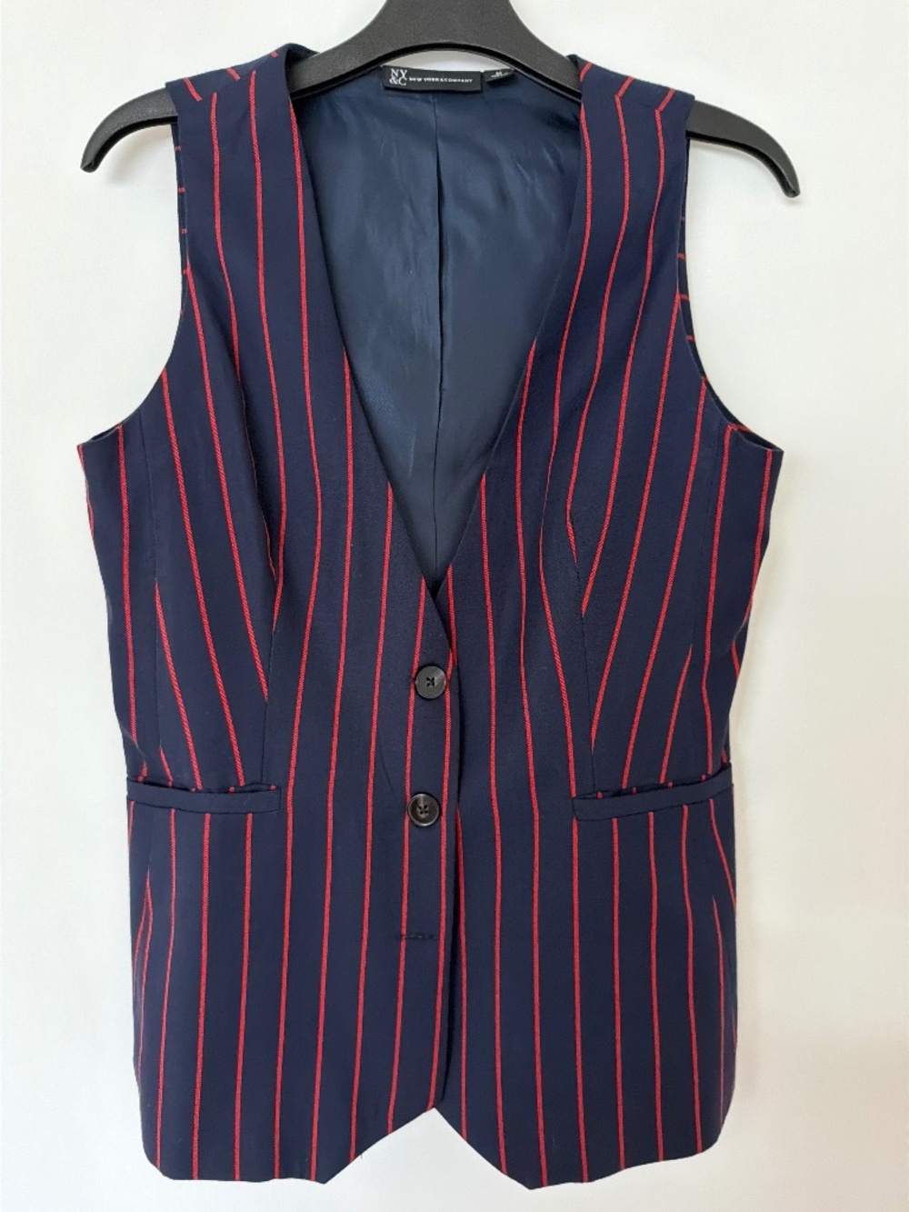 New York & Company Navy Blue Red Pinstripe Tailored Vest – Size M